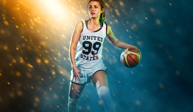 Basketball player. Portrait of a beautiful and sexy woman with a basketball in studio. Sport concept