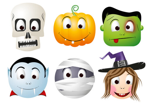 Halloween cartoon characters - skeleton (skull), jack-o-lantern (pumpkin), zombie, Dracula, mummy, witch - transparent background