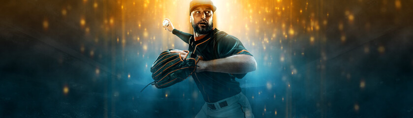 Baseball player. Wide photo. Porfessional sportsman with ball on grand arena. Ballplayer on stadium in action.