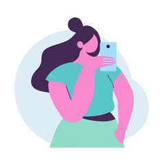 Girl holding cell phone in hand flat vector illustration