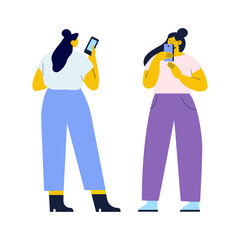 Girl holding cell phone in hand flat vector illustration
