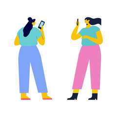 Girl holding cell phone in hand flat vector illustration