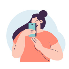 Obraz na płótnie Canvas Girl holding cell phone in hand flat vector illustration