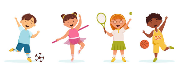 Happy kids doing different sports vector set. Little boys and girls play football, basketball, tennis and ballet. Illustration for children's products, sites and invitations