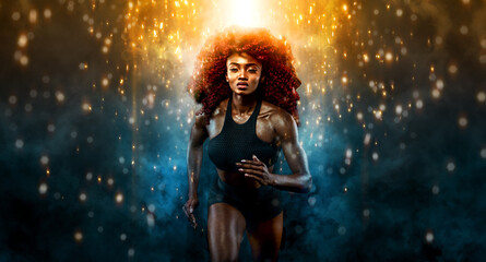A strong athletic, female sprinter, running at sunrise wearing in the sportswear, fitness and sport...