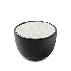 Grains of white rice in a dark bowl, vegan food.
