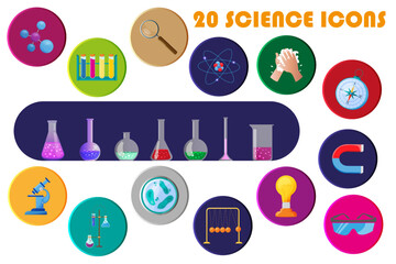 Twenty chemistry science icon set. Lab icon set with glowing colorful chemistry tubes, atom, cell, molecule, microscope, magnet, magnifying glass and many more.