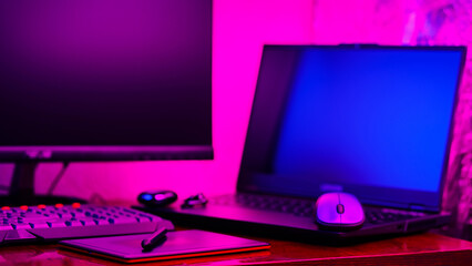 Workplace of a graphic designer and creative retoucher. Graphic tablet, smartphone and computer...
