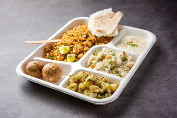 Indian Upwas thali, fasting food platter or thali for home delivery or takeaway parcel for any Vrat