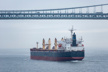 Cargo ship, bulk carrier, sailing under the Verrazzano-Narrows Bridge, on her way out of New York Bay.