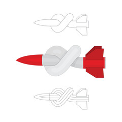 Knotted, disarmed rocket. Damaged rocket, stop bombing concept symbol. Part of set.