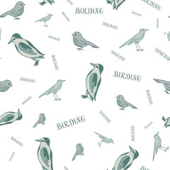 Monochromatic birding seamless pattern. Birds and word Birding.
