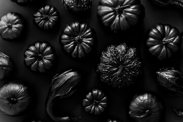 Fototapeta Different kinds of small pumpkins painted in black placed on dark background obraz