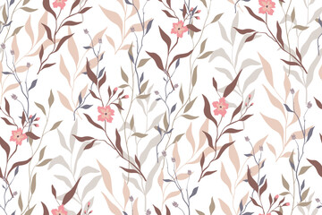 Seamless pattern with decorative floral composition in watercolor colors. Abstract botanical background, delicate floral print with wild plants: small flowers, branches, herbs, leaves on white. Vector