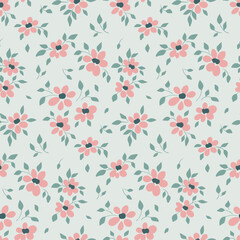 Seamless floral pattern, romantic ditsy print with small pink flowers in an abstract composition on a light blue background. Pretty botanical design with little drawing plants: flowers, leaves. Vector