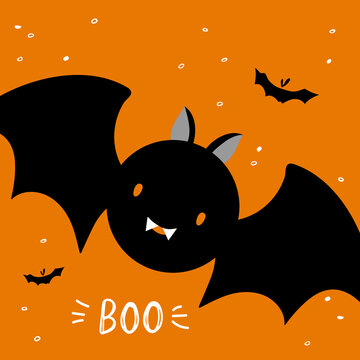 Black baby bat with BOO lettering on orange background. Boo phrase with bat. Boo shirt design. Hand drawn Happy Halloween flat vector Illustration for Festive card, party decor, poster, banner