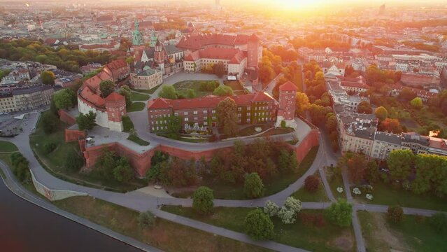Historic royal Wawel castle in Krakow at sunrise, Poland.
