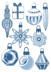 A set of Christmas decorations in blue colors. Christmas balls.