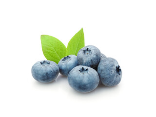 Ripe great blueberry with green leaves isolated on white background     