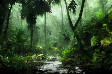 Tropical jungle with river.