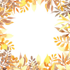Fototapeta na wymiar Watercolor yellow autumn leaves frame. Hello fall. Autumn templates to your design