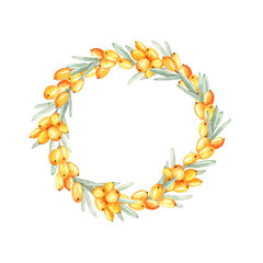 Watercolor autumn wreath with sea buckthorn. Yellow berries.
