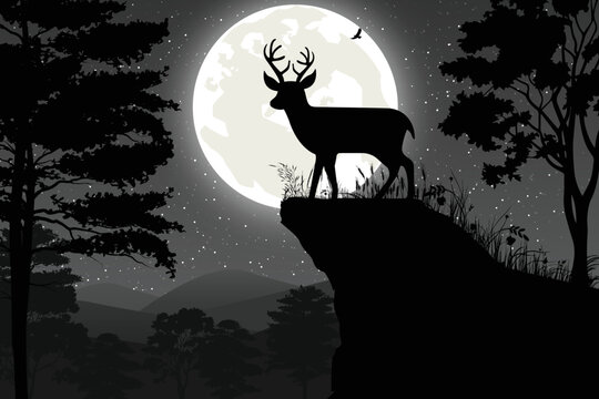 cute deer and moon silhouette landscape