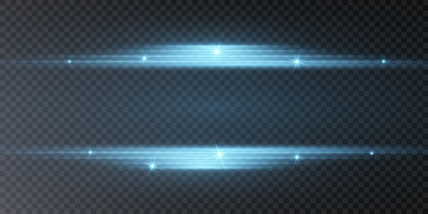 Bright horizontal highlights. Laser beams, horizontal beams of light. Beautiful light flashes. Glowing stripes on a transparent background.