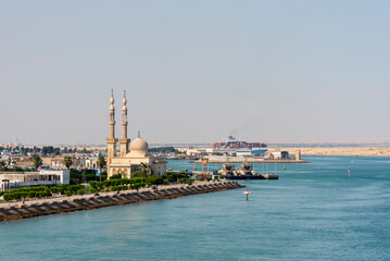 Cityscape with Egyptian Mosque  in the city of Tawfiq (Suburb of Suez), on the southern end of the Suez Canal before exiting into the Red Sea. 