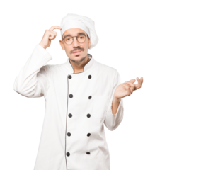 Concerned young chef doing a gesture of confusion