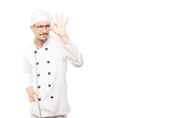 Amazed young chef using his hands like a binoculars