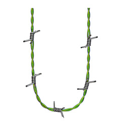 Letter U made of twisted colored iridescent barbed wire with iridescent metal spikes, 3d rendering