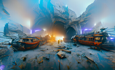 Wreckages of the ships by the cave in the dusk