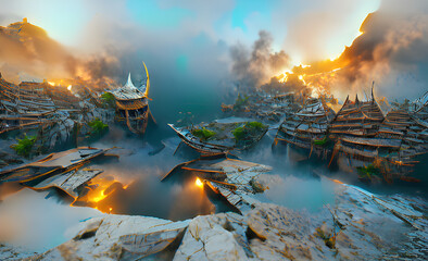 Houses In the mountains with the view of a landscape in the sunset