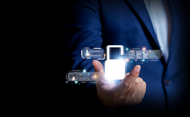 Cybersecurity and data protection key lock concepts internet technology data privacy Businessman working with modern computer keys that protect network connections of business and financial data.