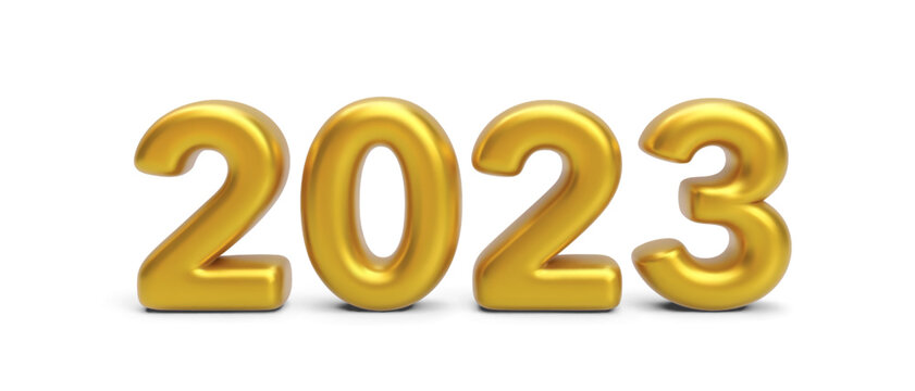 Happy New Year 2023. Golden 3D numbers with shadow isolated on white background. Vector illustration