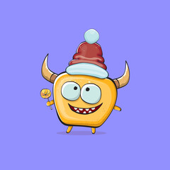 Vector cartoon funky orange monster with Santa Claus red hat isolated on violet background. Funny and cute Childrens Merry Christmas greeting card with funny monster elf Santa Claus character.
