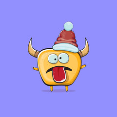 Vector cartoon funky orange monster with Santa Claus red hat isolated on violet background. Funny and cute Childrens Merry Christmas greeting card with funny monster elf Santa Claus character.