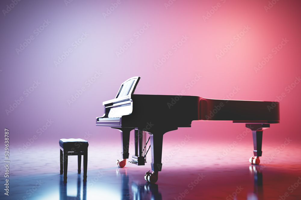 Wall mural classic grand piano keyboard in neon spotlight