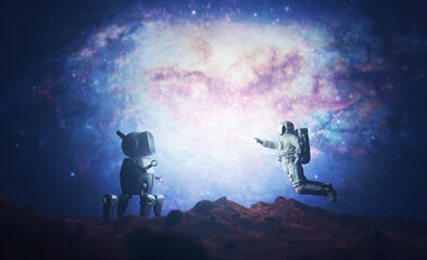 Obraz na płótnie Canvas Astronaut and robot or artificial intelligence meet on alien planet.