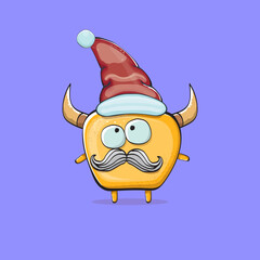 Vector cartoon funky orange monster with Santa Claus red hat isolated on violet background. Funny and cute Childrens Merry Christmas greeting card with funny monster elf Santa Claus character.