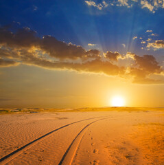 road through the sandy desert  at the sunset