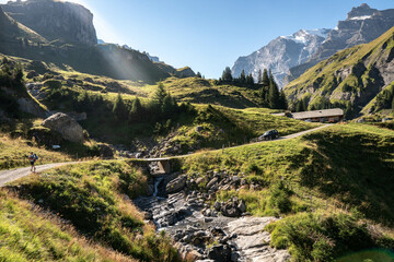 Via alpina trail switzerland. Morning view on Bernese range. Popular tourist attraction. Location place Swiss alps, Grindelwald valley, Europe.