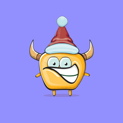 Vector cartoon funky orange monster with Santa Claus red hat isolated on violet background. Funny and cute Childrens Merry Christmas greeting card with funny monster elf Santa Claus character.