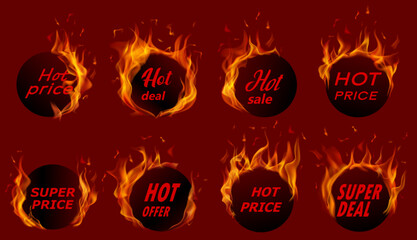 Fototapeta na wymiar Set of round burning sale labels and tags in black colors with red inscriptions