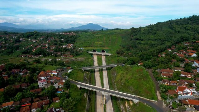 Aerial view of Cisumdawu Twin Tunnel Bandung City, Toll Gate and the Intersection which is the Beginning of the Cisumdawu Toll Road Section 1