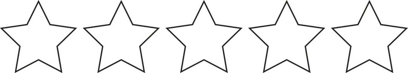 Five black stars in a row, 0-5 rating, review system. Isolated png illustration, transparent background. Asset for overlay, pattern, montage, collage. Business, customer feedback concept.