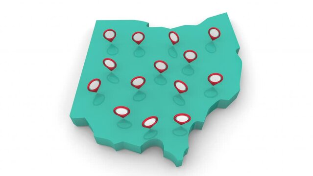 Ohio State Map OH Pin Locations Cities Background 3d Animation