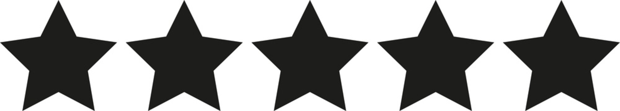 Five black stars in a row, 0-5 rating, review system. Isolated png illustration, transparent background. Asset for overlay, pattern, montage, collage. Business, customer feedback concept.