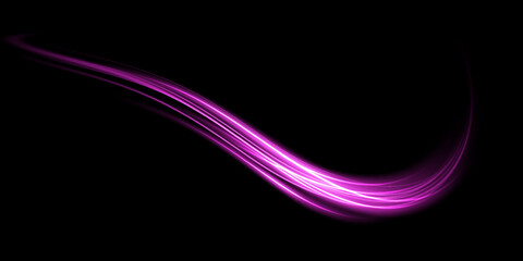 Abstract light lines of movement and speed with purple color sparkles. Light everyday glowing effect. semicircular wave, light trail curve swirl, car headlights, incandescent optical fiber. - obrazy, fototapety, plakaty
